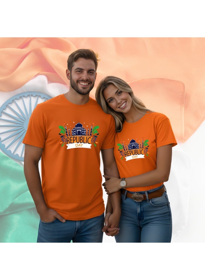 PRINTSHOP4ME India T-shirt for celebrating 74th Republic Day of 2023 Design Printed Unisex Short Sleeve Round Neck T-shirt Orange (Design 1) - Image 5